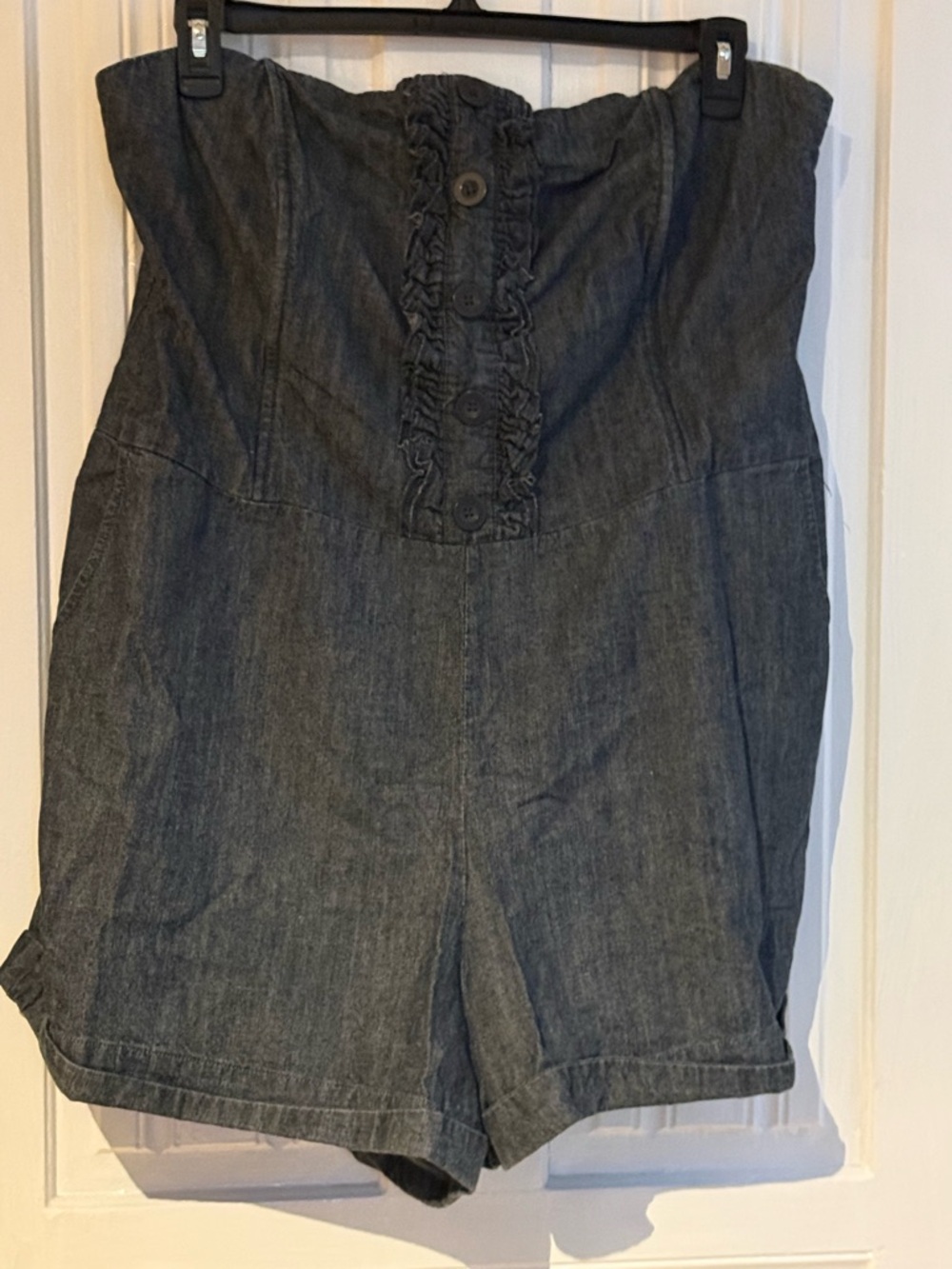 Caren Sport 2X Denim Strapless Romper Ruffle Front Dark Wash Cotton